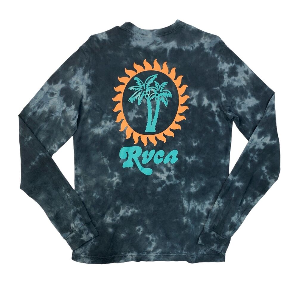 RVCA T Shirt Mens S Small Blue Tie Dye Palm Trees Sun Regular Fit Long Sleeve